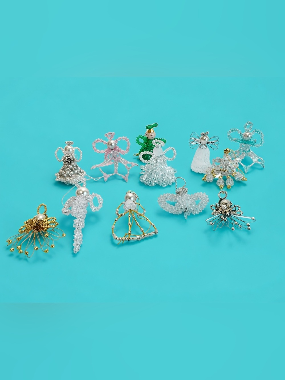 Vintage 1970s Handcrafted Plastic Beaded Angel Christmas Ornament Lot of 12